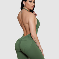 Olive Green Bum Bum Pocket Bodysuit | Brazilian Activewear Romper (Light Supplex)