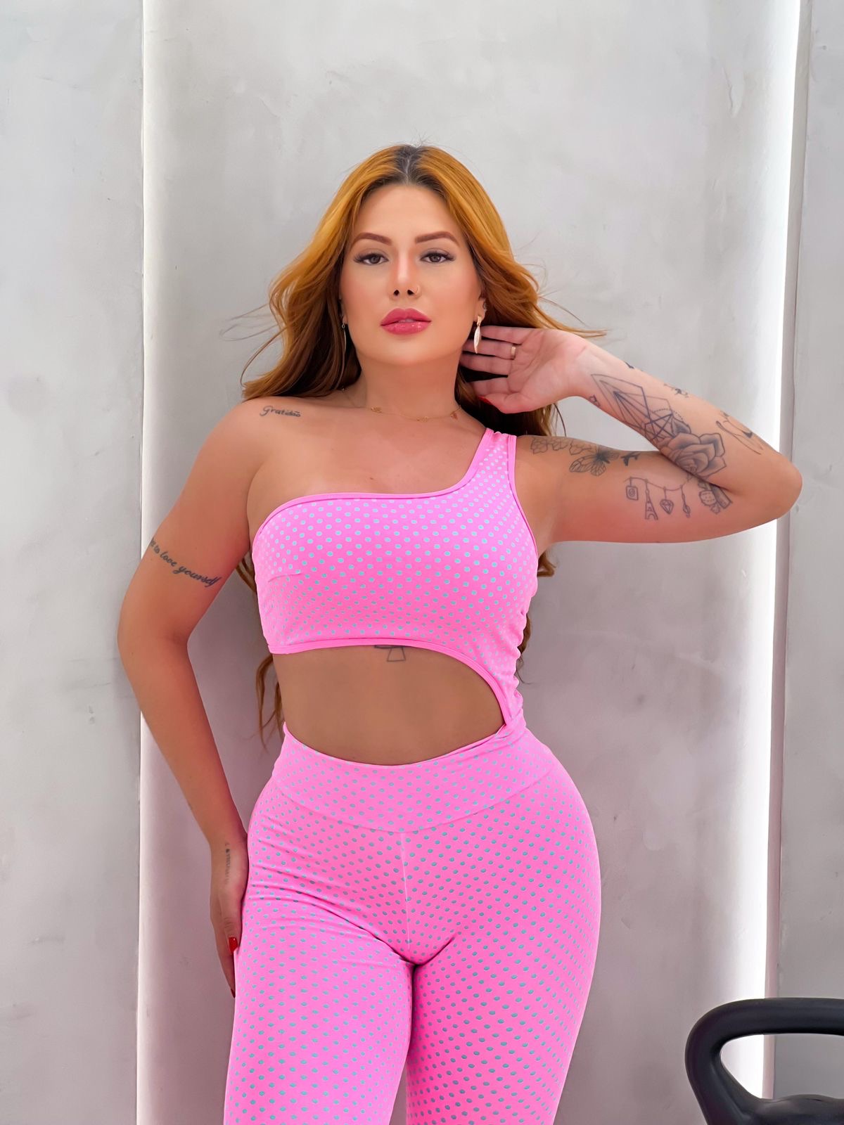 Pink Polka Dot Cut-Out Bodysuit | Brazilian Activewear Romper (Light Supplex)