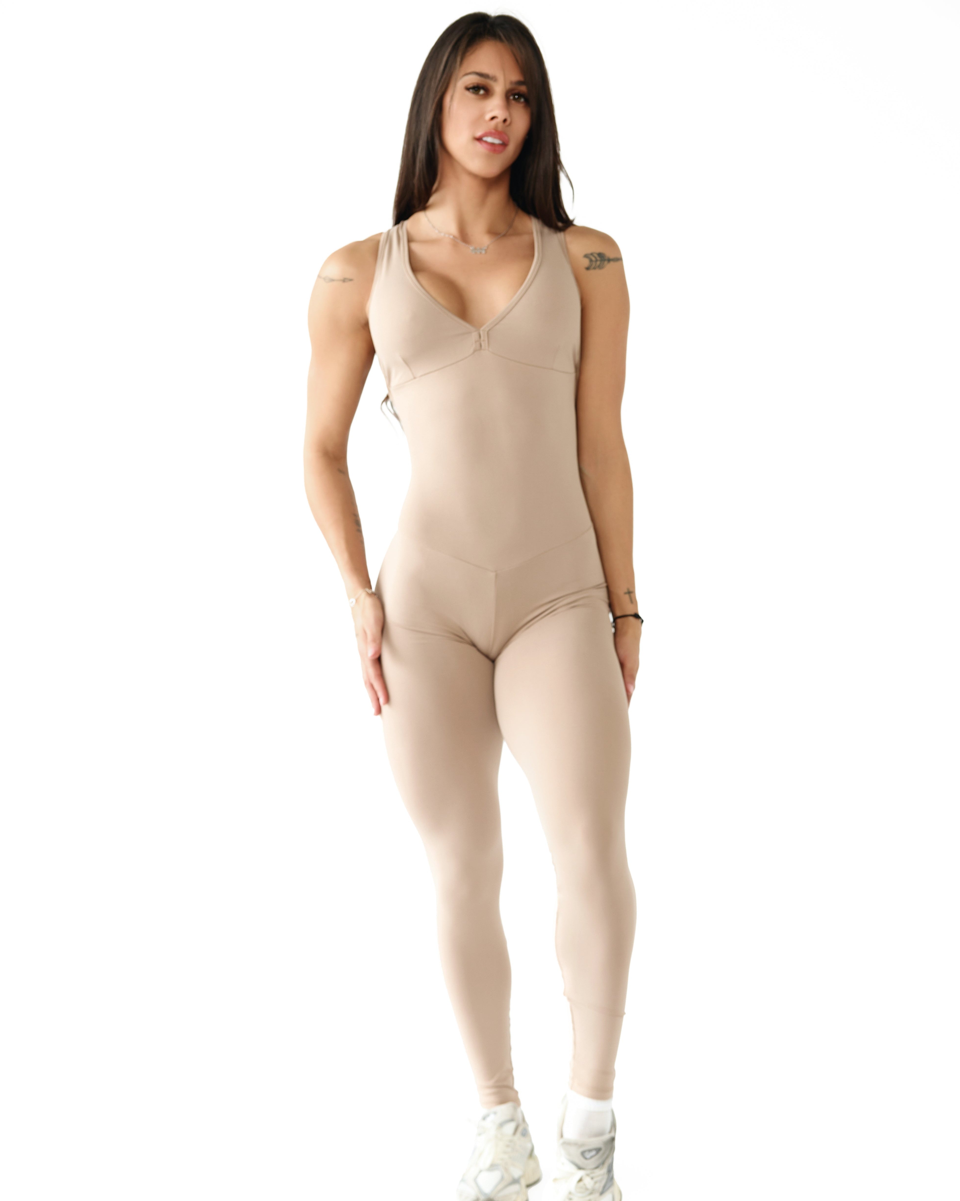 Frosted Toffee Strappy Bodysuit | Brazilian Activewear Romper (Light Supplex)
