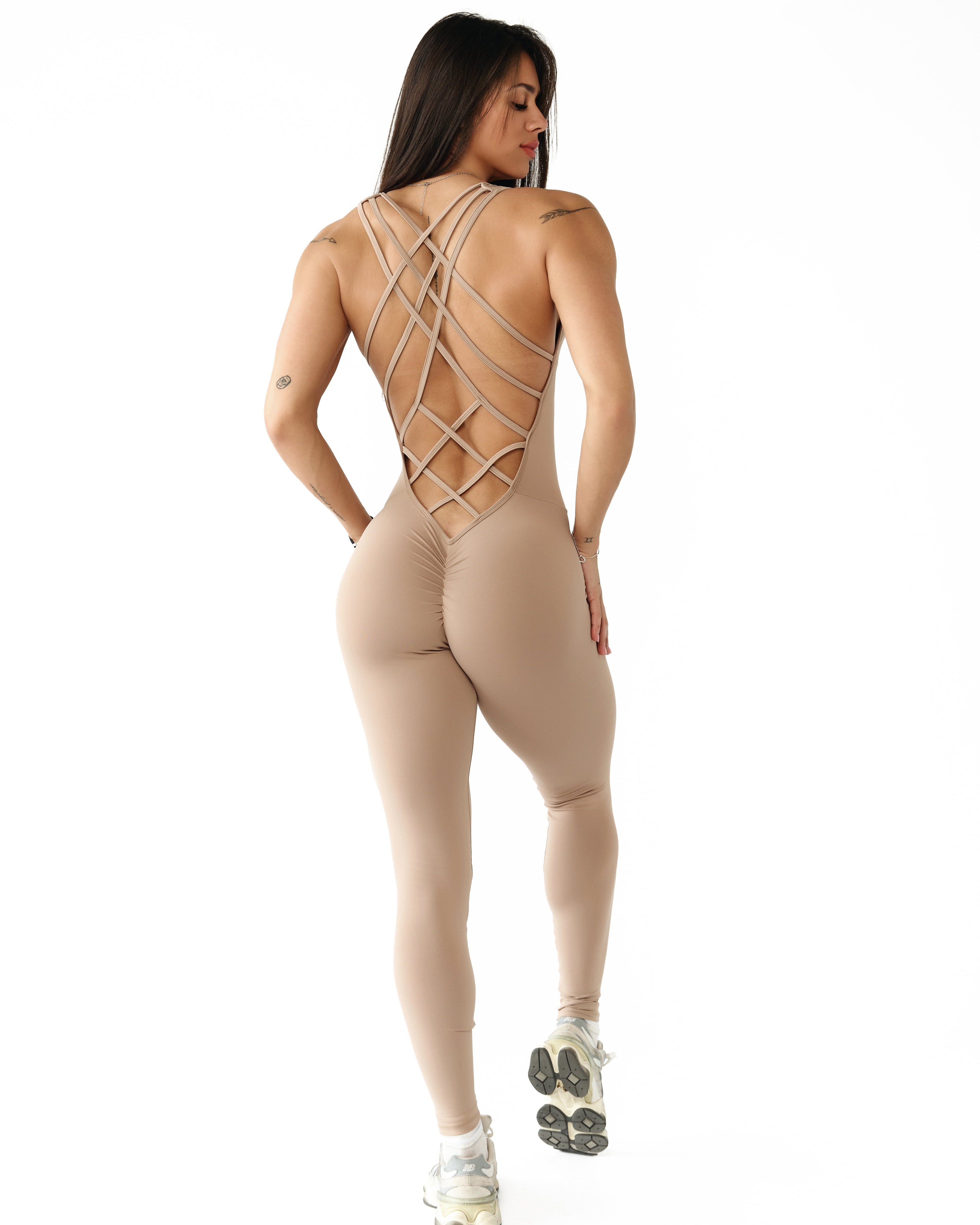 Frosted Toffee Strappy Bodysuit | Brazilian Activewear Romper (Light Supplex)