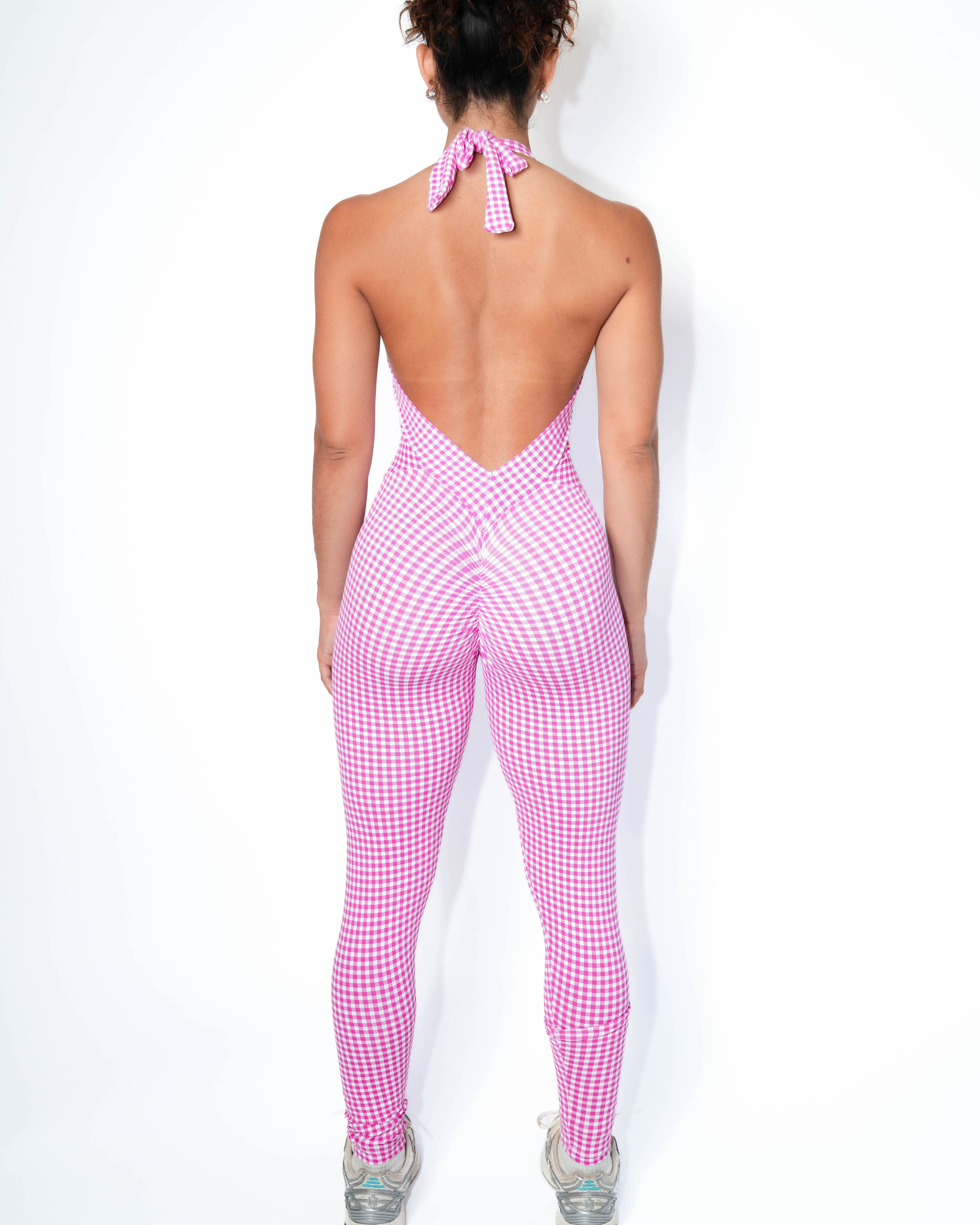 Pink & Red Checkered Scrunch Bodysuit | Brazilian Activewear Romper (Light Supplex)