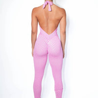Pink & Red Checkered Scrunch Bodysuit | Brazilian Activewear Romper (Light Supplex)