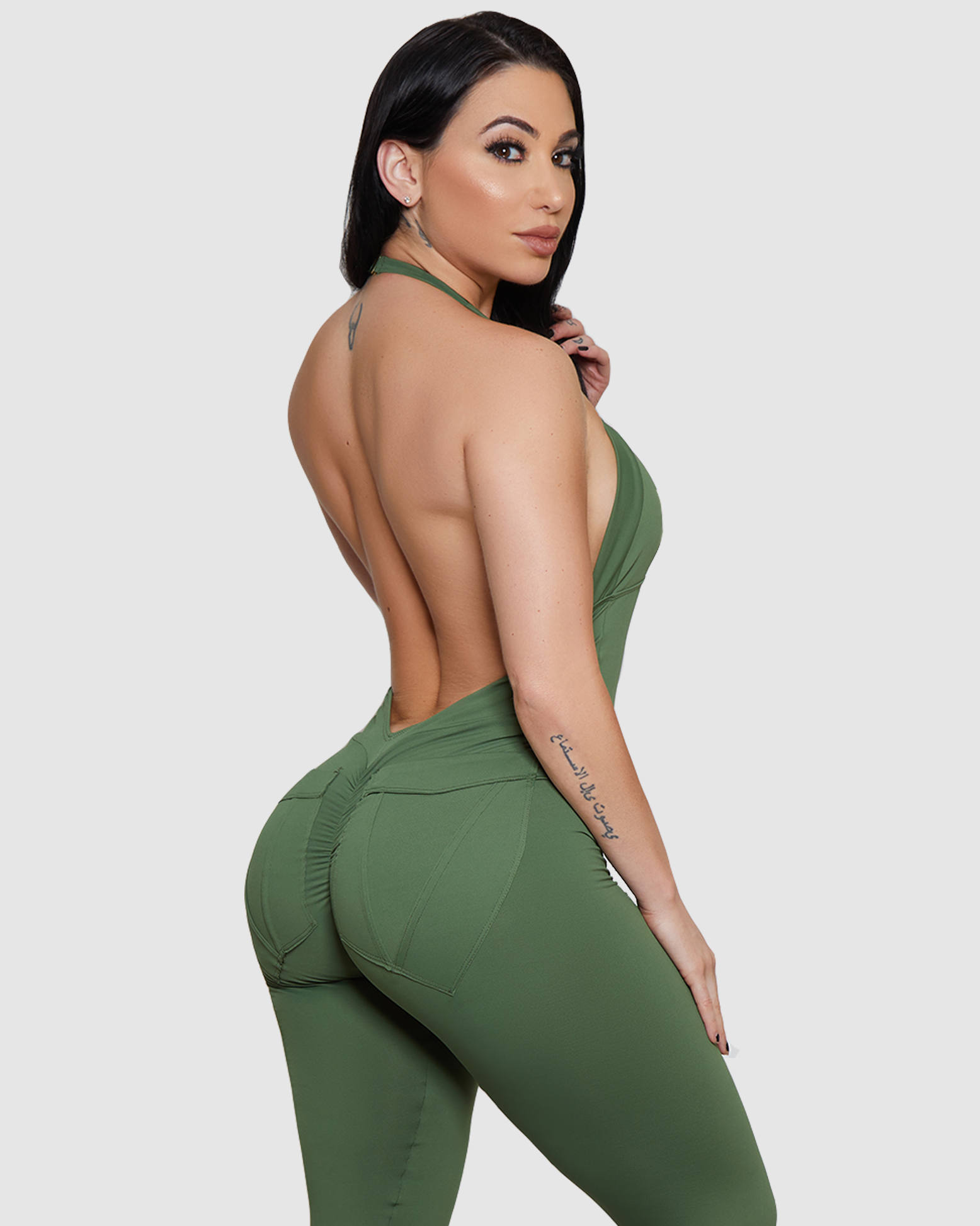 Olive Green Bum Bum Pocket Bodysuit | Brazilian Activewear Romper (Light Supplex)